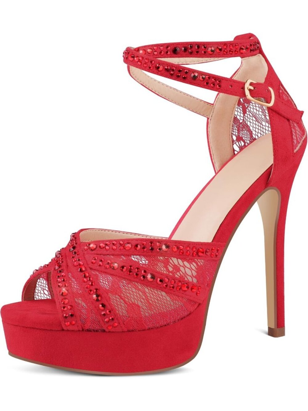 Women's Red Suede Peep Toe Platform Sparkly Rhinestone Lace Sandals Heels